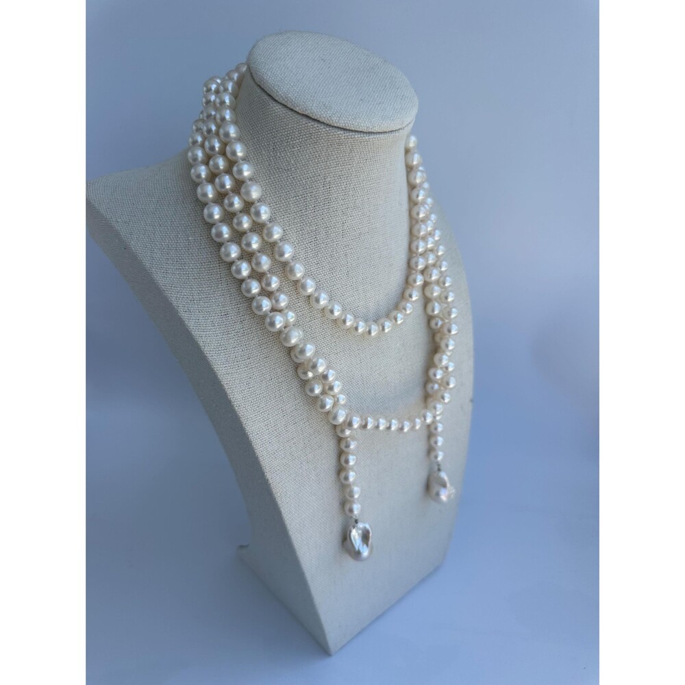 Hand-Knotted White Freshwater Pearl Necklace, Sterling Silver Baroque Drops, Lon
